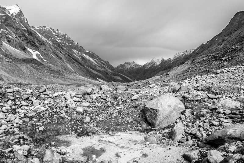 Moraines in the vacated Bhagirath valley, seen in the direction of Gangotri, resulting from recession of the glacier after 1966 in Uttarkashi district, Uttarakhand